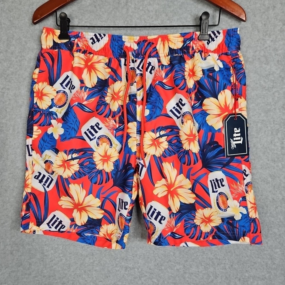 Miller Lite Tropical Floral Swim Trunk Shorts Mens Size Small New Hawaiian Beach